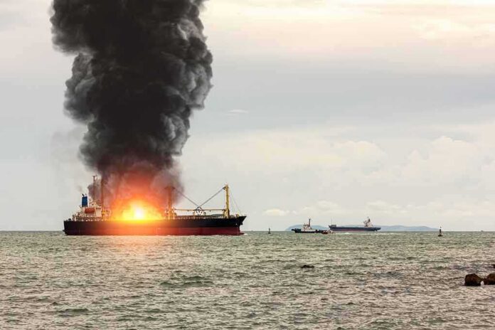 shutterstock_1941159202-2 Cargo ship on fire with thick black smoke at sea