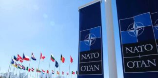 NATO flags and banners outside headquarters
