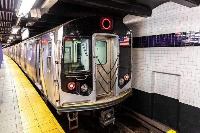 shutterstock_2309941761 Subway train stopped at an underground station platform
