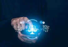 Students Turn to AI for Companionship Hands using smartphone with glowing justice scale and AI icons