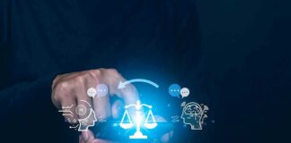 Students Turn to AI for Companionship Hands using smartphone with glowing justice scale and AI icons