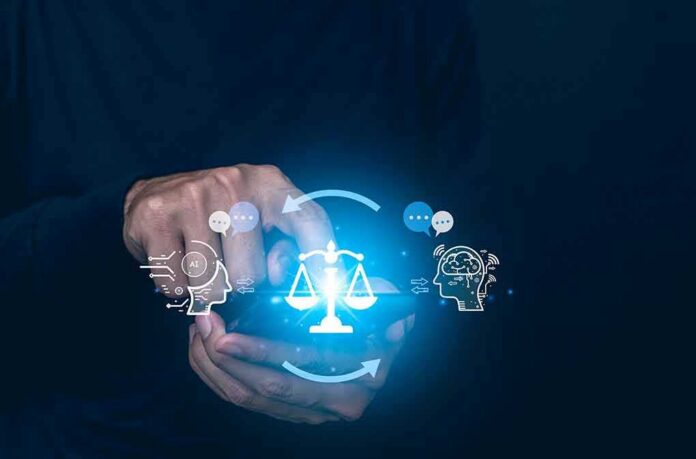 shutterstock_2316244497 Hands using smartphone with glowing justice scale and AI icons