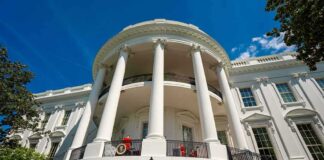 The White House south portico with columns and balcony