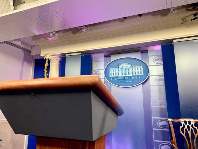 shutterstock_1571881333-1 Podium in White House press briefing room