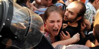 Protesters clash with riot police as woman shouts