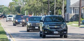 motorcade of black SUVs driving down a suburban street