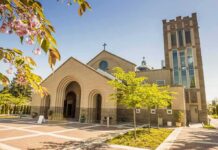 Church-to-Mosque Image Sparks Plano Backlash Brick church with arched entrance and tall bell tower on a sunny day