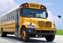 Yellow school bus parked on pavement